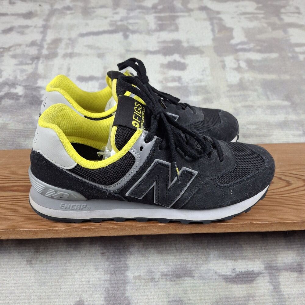 FIGS New Balance 574 Womens Size 8 Black Grey Neon Yellow Sneakers WL574FIG